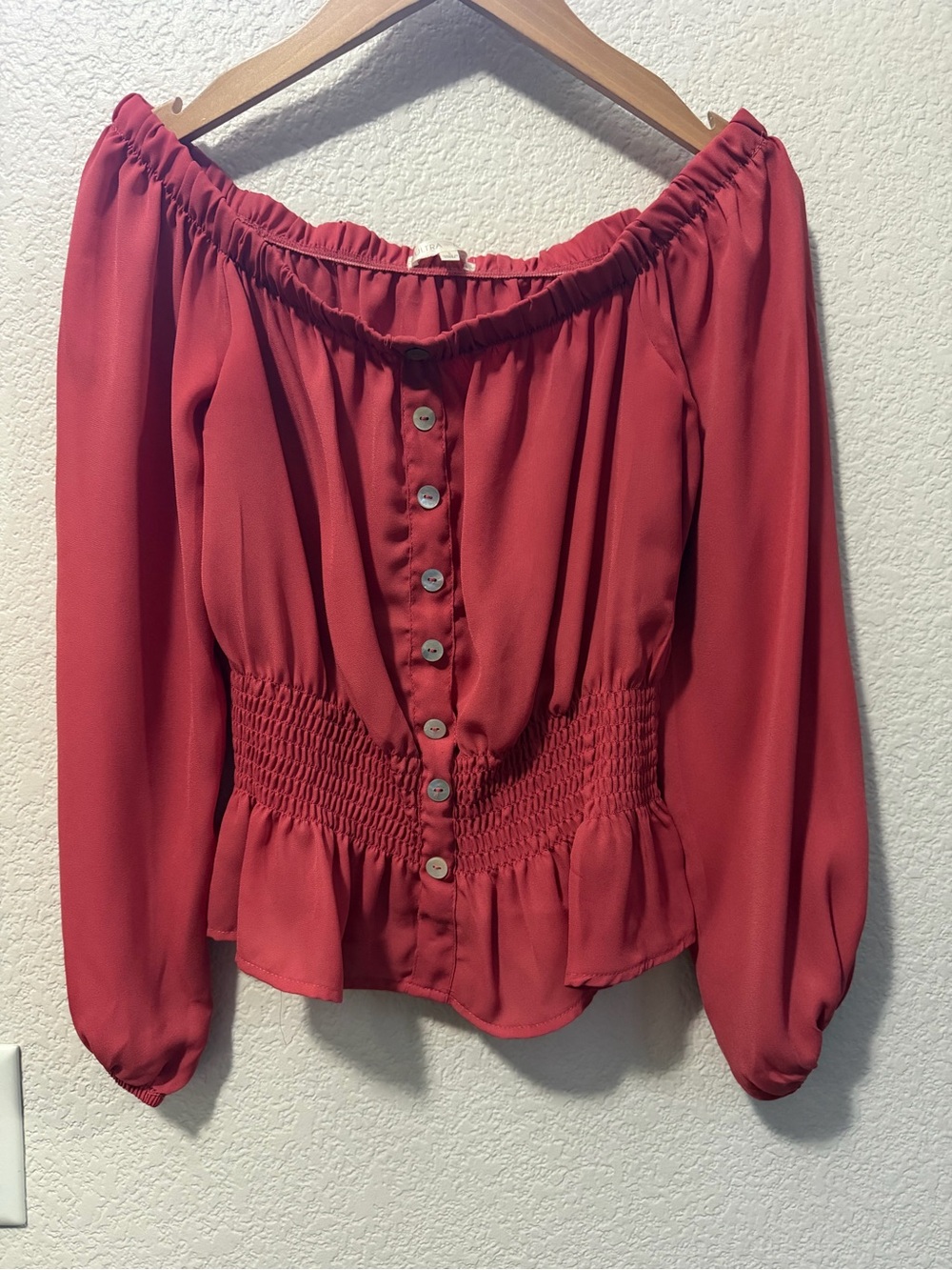 Ultra Flirt Off-Shoulder Button Front Blouse in Red